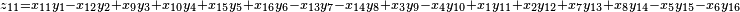 \,^{z_{11} = x_{11} y_1 - x_{12} y_2 + x_9 y_3 + x_{10} y_4 + x_{15} y_5 + x_{16} y_6 - x_{13} y_7 - x_{14} y_8 + x_3 y_9 - x_4 y_{10} + x_1 y_{11} + x_2 y_{12} + x_7 y_{13} + x_8 y_{14} - x_5 y_{15} - x_6 y_{16}}