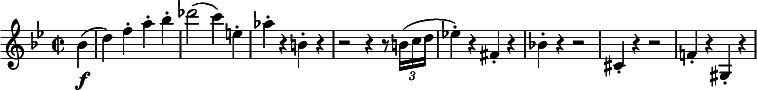 
\relative c'' {
 \key g \minor
 \time 2/2
 \partial 4 bes\f( |
 d4) f-. a-. bes-. |
 des2( c4) e,-. |
 as4-. r b,-. r |
 r2 r4 r8 \times 2/3 { b16( c d } |
 es!4-.) r fis,-. r |
 bes!4-. r r2 |
 cis,4-. r r2 |
 f!4-. r gis,-. r |
}
