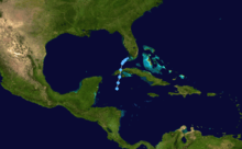 A map showing the track of a tropical depression; it begins in the western Caribbean Sea, crosses western Cuba, and ends near the Florida Keys