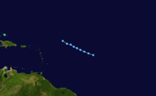 A map showing the track of a tropical depression, with a portion of South America and the Lesser Antilles visible on the left side of the image