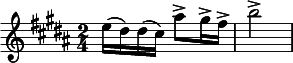 
  \relative c'' { \clef treble \key b \major \time 2/4 e16( dis) dis( cis) ais'8-> gis16-> fis-> b2-> }
