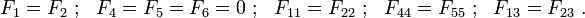 F_{1}=F_{2}~;~~F_{4}=F_{5}=F_{6}=0~;~~F_{11}=F_{22}~;~~F_{44}=F_{55}~;~~F_{13}=F_{23}~.