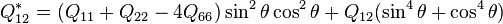  Q^*_{12} = (Q_{11} + Q_{22} - 4 Q_{66})\sin^2\theta \cos^2 \theta + Q_{12}(\sin^4 \theta + \cos^4 \theta) 