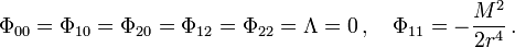 \Phi_{00}=\Phi_{10}=\Phi_{20}=\Phi_{12}=\Phi_{22}=\Lambda=0 \,,\quad \Phi_{11}=-\frac{M^2}{2r^4} \,.