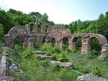 A partially preserved early Christian brick basilica in the middle of a meadow with a forest in the background