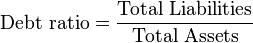 \mbox{Debt ratio} = \frac {\mbox{Total Liabilities}} {\mbox{Total Assets}}