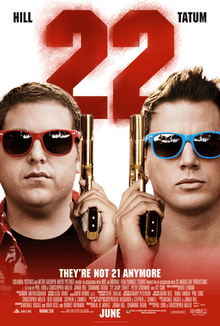 The faces of the two officers wearing colorful sunglasses, and holding guns up beside their faces. Above them is the number '22' in red.