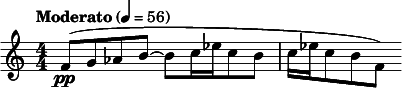  \relative c' { \clef treble \numericTimeSignature \time 4/4 \tempo "Moderato" 4 = 56 f8(\pp g aes b~ b[ c16 ees c8 b] | c16[ ees c8 b f] ) } 