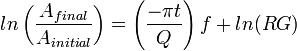 ln\left ( \frac{A_{final}}{A_{initial}} \right )=\left ( \frac{-{\pi}t}{Q} \right )f +ln(RG)