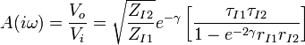 A(i\omega)=\frac{V_o}{V_i}=\sqrt{\frac{Z_{I2}}{Z_{I1}}}e^{-\gamma}\left[ \frac{\tau_{I1}\tau_{I2}}{1-e^{-2\gamma}r_{I1}r_{I2}} \right]