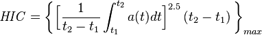 \mathit{H}\mathit{I}\mathit{C} = \bigg\{ \Big[ \frac{1}{t_{2}-t_{1}} \int_{t_{1}}^{t_{2}} a(t) dt\Big]^{2.5}\left ( t_{2}-t_{1}\right ) \bigg\}_{max} 