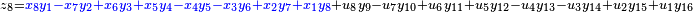 \,^{z_8 = {\color{blue}{x_8 y_1 - x_7 y_2 + x_6 y_3 + x_5 y_4 - x_4 y_5 - x_3 y_6 + x_2 y_7 + x_1 y_8}} + u_8 y_9 - u_7 y_{10} + u_6 y_{11} + u_5 y_{12} - u_4 y_{13} - u_3 y_{14} + u_2 y_{15} + u_1 y_{16}}