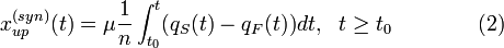 x_{up}^{(syn)}(t) = \mu \frac{1}{n} \int_{t_{0}}^{t} (q_{S}(t) - q_{F}(t)) dt,\ \ t \geq t_{0}\qquad\qquad(2)