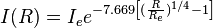 
I(R) = I_{e} e^{-7.669 \left[ (\frac{R}{R_{e}})^{1/4} - 1 \right]}
