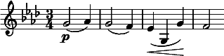  \relative c'' { \clef treble \key f \minor \time 3/4 g2(\p aes4) | g2( f4) | ees(\< g, g')\! | f2 } 