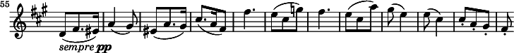 
\relative c' \new Staff \with { \remove "Time_signature_engraver" } {
 \key fis \minor \time 3/8
  \set Staff.midiInstrument = "violin"
  \set Score.tempoHideNote = ##t \tempo 4. = 88
  \set Score.currentBarNumber = #55 \bar ""
  d8_\markup{ \italic sempre \dynamic pp }( fis8. eis16) a4( gis8) eis( a8. gis16) cis8.( a16 fis8)
  fis'4. e8( cis g') fis4. e8( cis a') gis8( e4) e8( cis4) cis8-. a-. gis-. fis-. }
