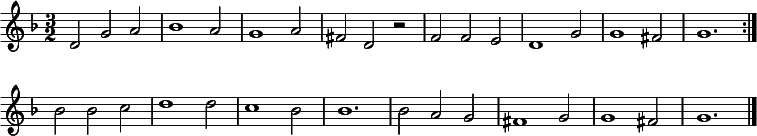 
{ \key f \major \time 3/2 
\set Score.tempoHideNote = ##t
\tempo 2=100
\set Staff.midiInstrument = "english horn"
\override Staff.TimeSignature #'stencil = ##t 
 \repeat volta 2 {d'2 g' a' bes'1 a'2 g'1 a'2 fis'2 d' r f' f' e' d'1 g'2 g'1 fis'2 g'1.
 \override Score.BarNumber  #'transparent = ##t}
 {bes'2 bes' c''  d''1 d''2 c''1 bes'2 bes'1. bes'2 a' g' fis'1 g'2 g'1 fis'2 g'1. \bar "|."}
}
