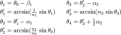 
   \begin{align}
      \theta_1 &= \theta_0 - \beta_1                               &\theta_3 &= \theta'_2 - \alpha_2 \\
      \theta'_1 &= \arcsin (\tfrac{1}{n_1} \, \sin \theta_1) \quad &\theta'_3 &= \arcsin (n_2 \, \sin \theta_3) \\
      \theta_2 &= \theta'_1 - \alpha_1                             &\theta_4 &= \theta'_3 + \tfrac{1}{2} \alpha_2 \\
      \theta'_2 &= \arcsin (\tfrac{n_1}{n_2} \, \sin \theta_2)
   \end{align}
