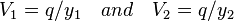 V_1 = q/y_1 \quad and \quad V_2 = q/y_2