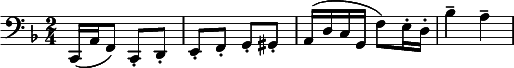 
 \relative c 
{
\clef bass \key f \major \time 2/4 c,16( a' f8) c-. d-. e-. f-. g-. gis-. a16( d c g f'8) e16-. d-. bes'4-- a--
}
