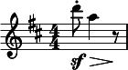 
  \relative c'' { \clef treble \key d \major \numericTimeSignature \time 4/4 \partial 2*1 d'8-.\sf\> a4 r8\! }
