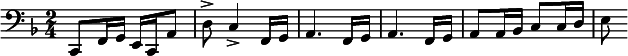 
  \relative c { \clef bass \key f \major \time 2/4 c,8 f16 g e c a'8 d-> c4-> f,16 g a4. f16 g a4. f16 g a8 a16 bes c8 c16 d e8 }
