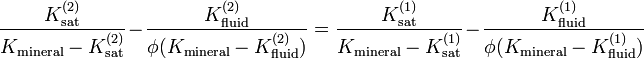 \frac{K_\mathrm{sat}^{(2)}}{K_\mathrm{mineral}-K_\mathrm{sat}^{(2)}}-\frac{K_\mathrm{fluid}^{(2)}}{\phi (K_\mathrm{mineral}-K_\mathrm{fluid}^{(2)})}=\frac{K_\mathrm{sat}^{(1)}}{K_\mathrm{mineral}-K_\mathrm{sat}^{(1)}}-\frac{K_\mathrm{fluid}^{(1)}}{\phi (K_\mathrm{mineral}-K_\mathrm{fluid}^{(1)})}