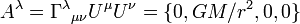 A^\lambda = \Gamma^\lambda {}_{\mu \nu}U^\mu U^\nu = \{0,GM/r^2,0,0\}