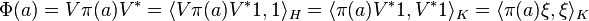 \Phi(a) = V \pi (a) V^* = \langle V \pi (a) V^* 1, 1 \rangle _H = \langle \pi (a) V^* 1, V^* 1 \rangle _K = \langle \pi (a) \xi, \xi \rangle _K
