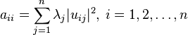 a_{ii} = \sum_{j=1}^n \lambda_j |u_{ij}|^2, \; i = 1, 2, \ldots, n