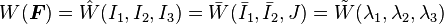 W(\boldsymbol{F})=\hat{W}(I_1,I_2,I_3) = \bar{W}(\bar{I}_1,\bar{I}_2,J) = \tilde{W}(\lambda_1,\lambda_2,\lambda_3)