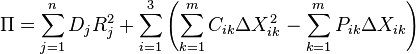 \Pi = \sum_{j=1}^n D_j R_j^2 + \sum_{i=1}^3 \left(\sum_{k=1}^m C_{ik} \Delta X_{ik}^2 - \sum_{k=1}^m P_{ik} \Delta X_{ik}\right)