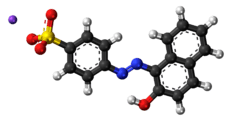 Ball-and-stick model of the component ions of acid orange 7