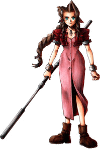 Drawing of a brown-haired girl with green eyes holding a large staff. She wears silver bracelets, brown boots and a shin-length pink dress that buttons up with the front with a red bolero jacket.