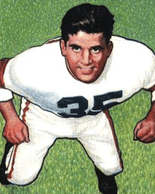 Agase pictured from above in uniform on a 1950 Bowman football card