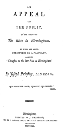 Title reads: "An Appeal to the Public, on the Subject of The Riots in Birmingham. To which are Added, Strictures on a Pamphlet, intitled 'Thoughts on the late Riot at Birmingham.' By Joseph Priestley"