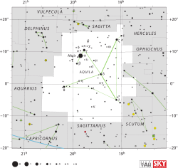 Diagram showing star positions and boundaries of the Aquila constellation and its surroundings