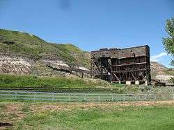 View of the Atlas Coal Mine tipple, main conveyor belt, and old blacksmith's shop