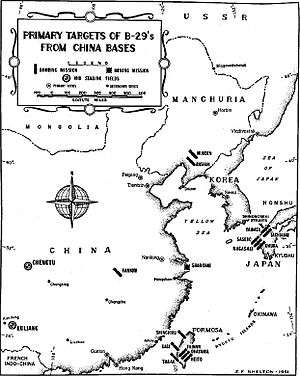 A black and white map of east Asia. Most of the cities depicted on the map are marked with bomb symbols.