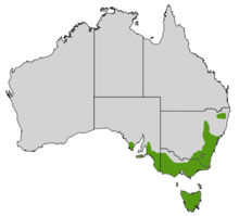 a map of Australia with a green area across the a broad swathe of the southeastern corner of the continent plus Tasmania and Bass Strait Islands