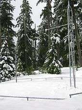 A latticed metal tower has been placed inside a metal fence in a snow-covered forest clearing.