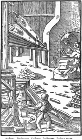 Woodcut image showing man at open hearth with tongs and machine bellows to the side in background, man at water-operated hammer with quenching sluice nearby in foreground