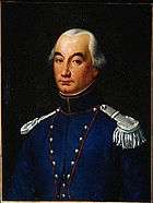 Painting depicts a somber, round-eyed man in a blue military uniform with silver epaulettes.