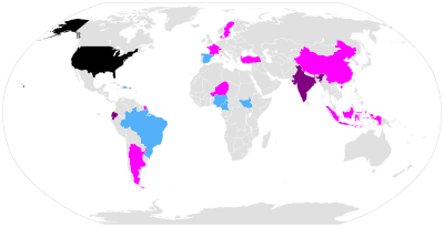 A line-drawing of a world map with the United States and Puerto Rico in black; Ecuador and India in violet; Brazil, the Dominican Republic, Haiti, Nigeria, and Sudan in cyan; and Argentina, mainland China, Denmark, France, Indonesia, Niger, Sweden, Switzerland, and Turkey in magenta.