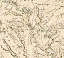 An excerpt from John Collet's 1770 map showing the Roanoke River running Northwest to Southeast, with Halifax depicted as a large settlement on the river at the center of the map.