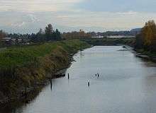 A stream perhaps 50 feet (15 m) wide flows between raised, grass-covered banks on either side. Several poles or sticks, perhaps remnants of a derelict structure, poke above the water in places. Low buildings and many trees are in the middle distance. A mountain range dominated by a snow-covered peak is visible in the far distance.