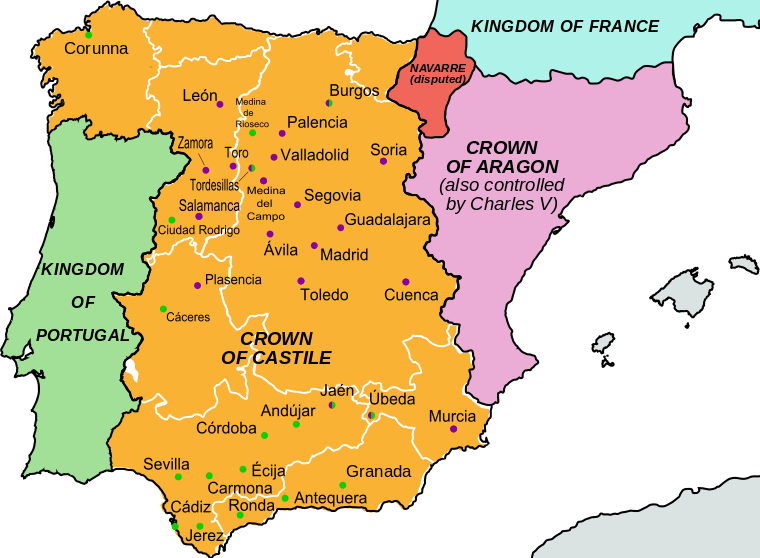 Map of Spain with cities colored by affiliation; see text for details.