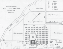 Plan of a settlement with French labels showing buildings, fields, a river, lakes and roads laid out as described in the text.