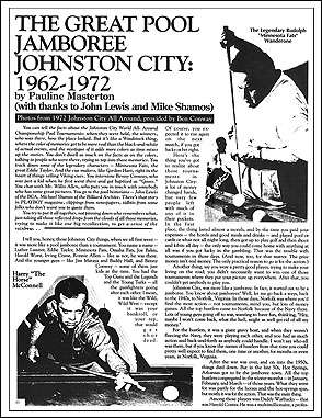 "First page of article "The Great Pool Jamboree: Johnston City 1962-1972" by Pauline Masterton, showing typical page appearance, with plain type and black-and-white images in a two-column layout.