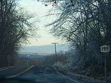 Ground-level view of a highway lined with ice-covered trees. A sign on the right-hand side bears the route's designation.